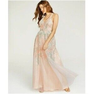 City Studio Junior Womens 0 Ivory Teal V Neck Long Evening Gown Dress NWT BJ69